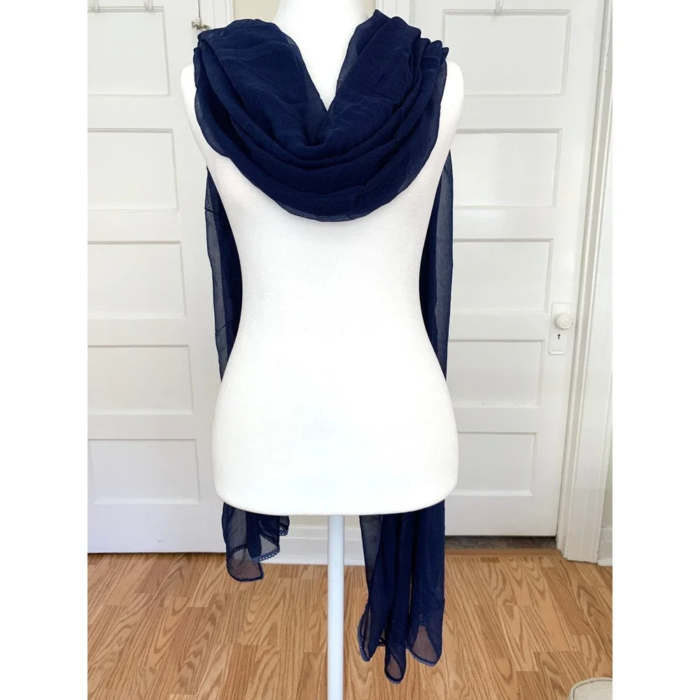 Navy Sheer Scarf 46 x 92 with Delicate Lace Detail Cerulean Blue Rectangle